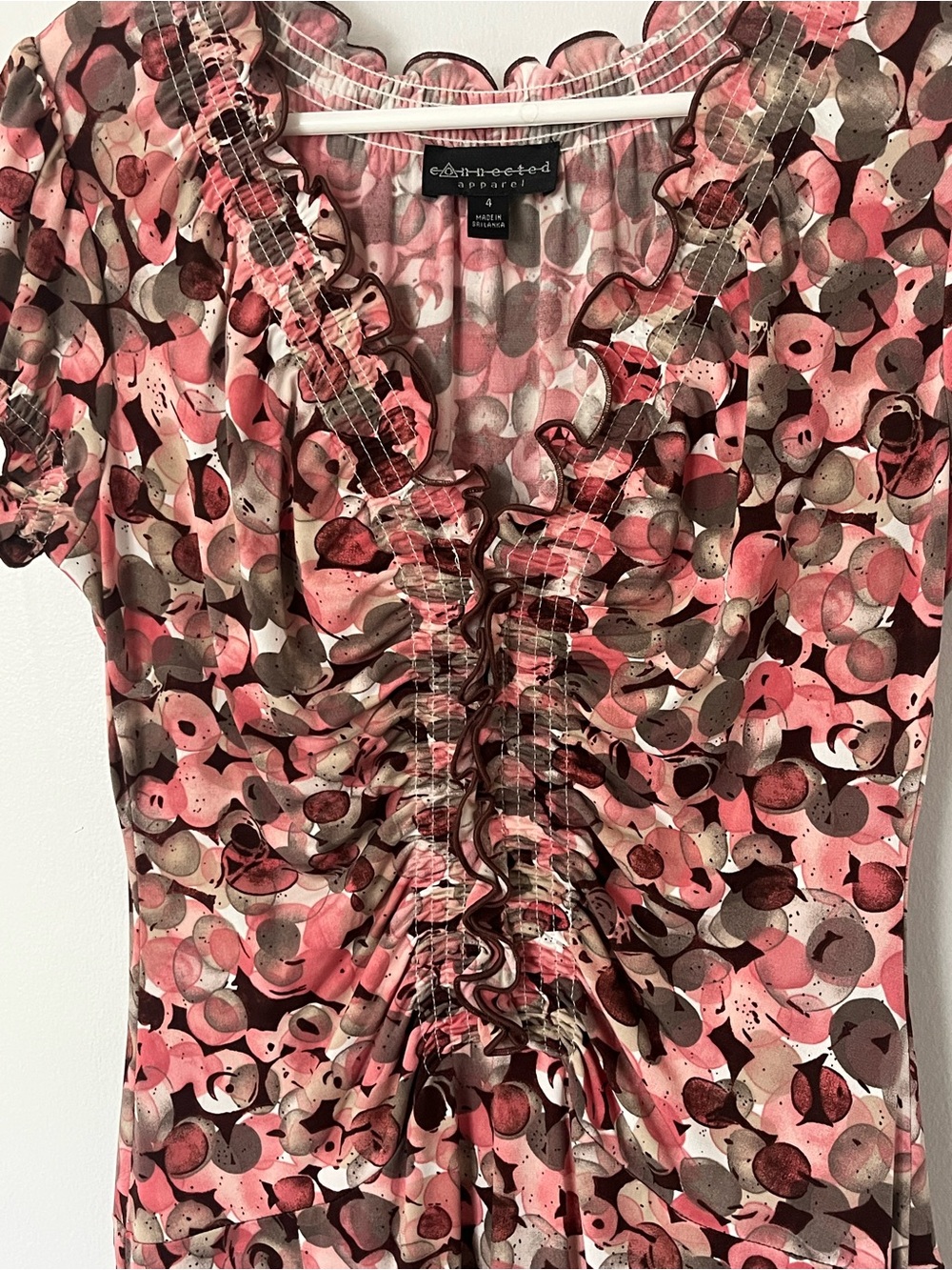 Connected Apparel Pink & Brown Floral Ruched V-Neck Dress - Picture 4 of 12